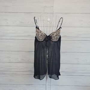 Cabernet Babydoll Lingerie Nightgown Leopard Print Black and Tan Womens Size XL